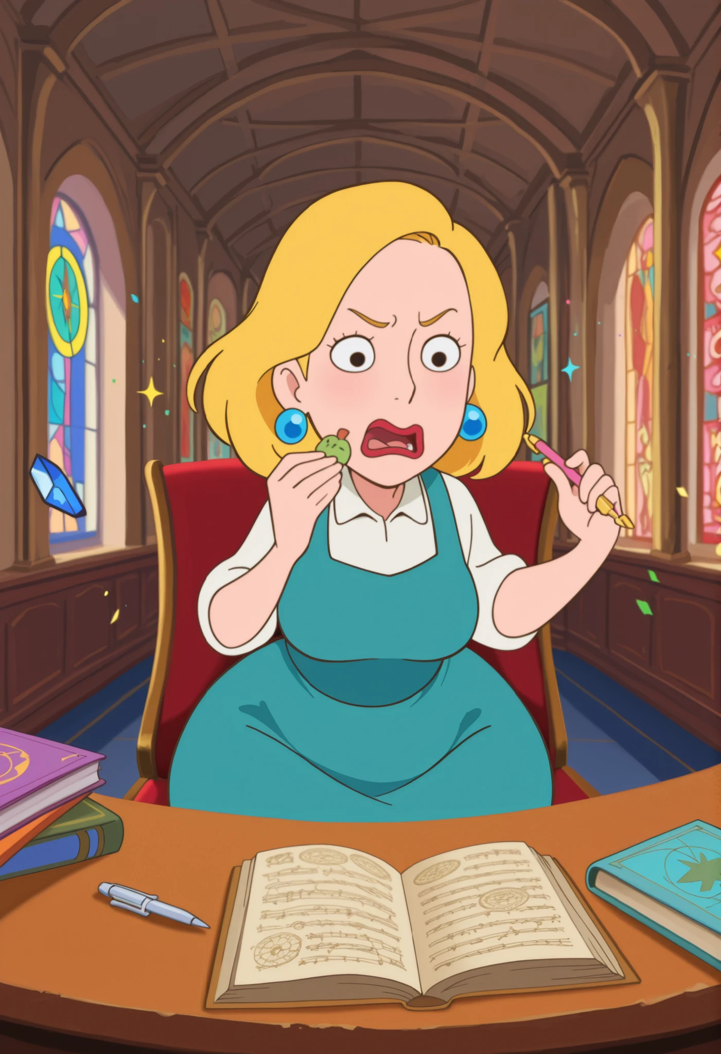 Beth Smith, mature woman, blonde hair, solo, medium hair, small saggy , huge . earrings. red lips, black eyes | anime style illustration, a cute female scribe sitting at a floating desk, taking notes with a magical pen, colorful sparkles around her, in the background, a cartoon-style meeting of various gods from different cultures, some serious, some arguing, others eating or laughing, celestial meeting room with rainbow stained glass, glowing orbs, floating scrolls and books, high ceiling with floating decorations, cheerful atmosphere, bright color palette, pop fantasy, expressive faces, chibi-style gods in the background