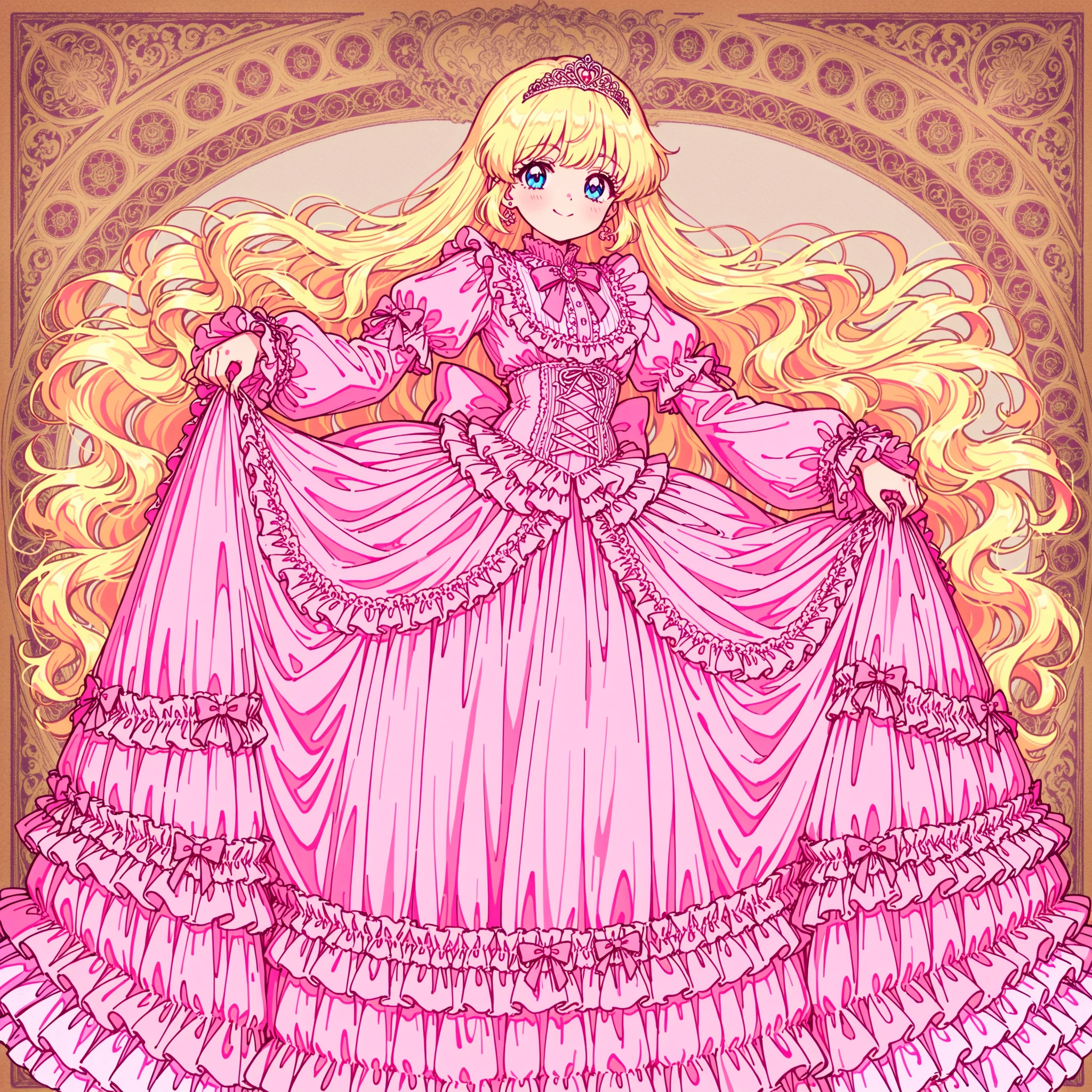 ((Lora:girls book story sdxl:1.1,retro anime,hi vision)),Lot of Cute Princesses,((wide view:1.5)),she is smiling,((pastel colors Silk Satin Victorian big Ball Gown Dress.:1.0)),detailsed cute face,long sleeves,The dress is decorated with lots of frills and ribbons., frilled yoke collar,detailed corset with ribbons,blond wave Long hair that reaches down to the waist,They are wearing princess tiara on the head,in the luxurious European rococo style palace,