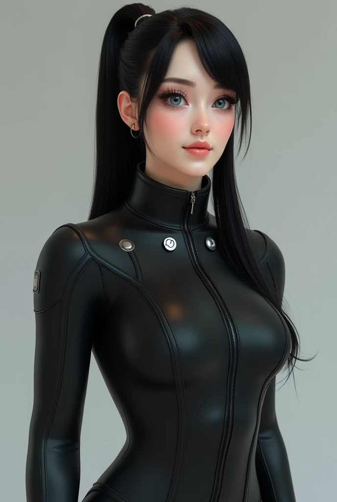 A beautiful girl with a slim body, standing in front of a circular design, small breasts, detailed face, golden jewelry, (((long straight black hair))), detailed blue eyes, delicate lips, black leather suit, Detailed anatomy, volumetric lighting, cinematographic composition, dramatic contrast, Vibrant magenta and blue background colors, Very detailed, photorealistic, 8k, masterpiece