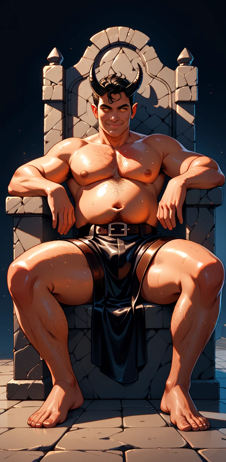 god standing ,royal hall, pool of blood chubby, hairy, hairy belly, Holding your big belly, high resolution, ultra-detailed, sharp focus, detailed eyes, symmetrical eyes, expressive eyes, clear pupils, focused gaze , king's expression is intimidating with a sense of authority, solo, masterpiece, best quality, male, mature, manly, detailed nipples, detailed navel, photorealistic, 8k, (wide dynamic range, hdr:1.2), sitting, (night:1.2), light, looking at viewer, pose, fitted underwear with a very large, realistic bulge at the front, emphasizing the natural shape, detailed fabric texture, soft shadows highlighting the contours, emphasizing the natural shape, detailed fabric texture, Blood, bones and human skulls on the ground, soft shadows highlighting the contours ,full body, spread legs,, leaning back, hell, very short fur, detailed skin texture, high contrast lighting, feet