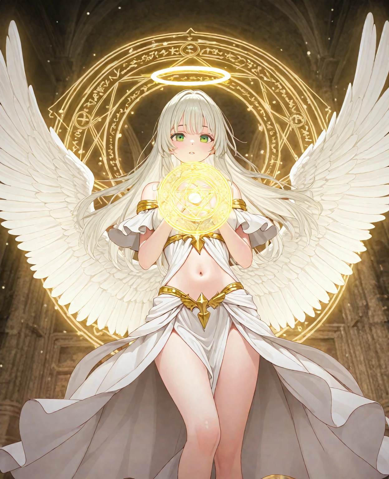 solo, female, long gold hair, yellow wings, angel, yellow-gray skin, glowing halo, glowing hair, village, tall woman, naked
