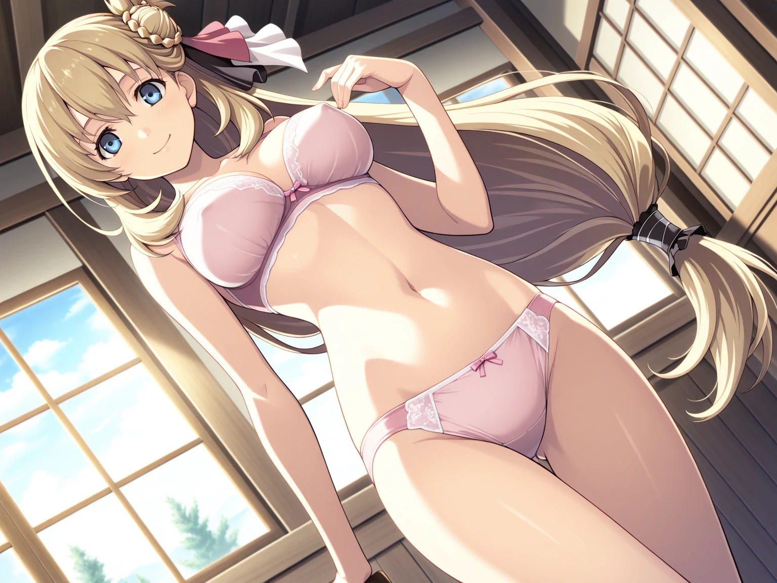 high definition, 8K, detailed face, huge ass, grabbing her ass, showing her ass, bending over, Lucy Heartfilia from Fairytail, ((Dark brown eyes)), ((pink see through lingerie)), spa, ((large breasts)), slim and thin, body of equal proportions, ((focus on her ass)), back view, four fingers and 1 thumb, ((2 hands)), Blonde hair, Beautiful smile, Smiling at viewer, blushing cheeks,