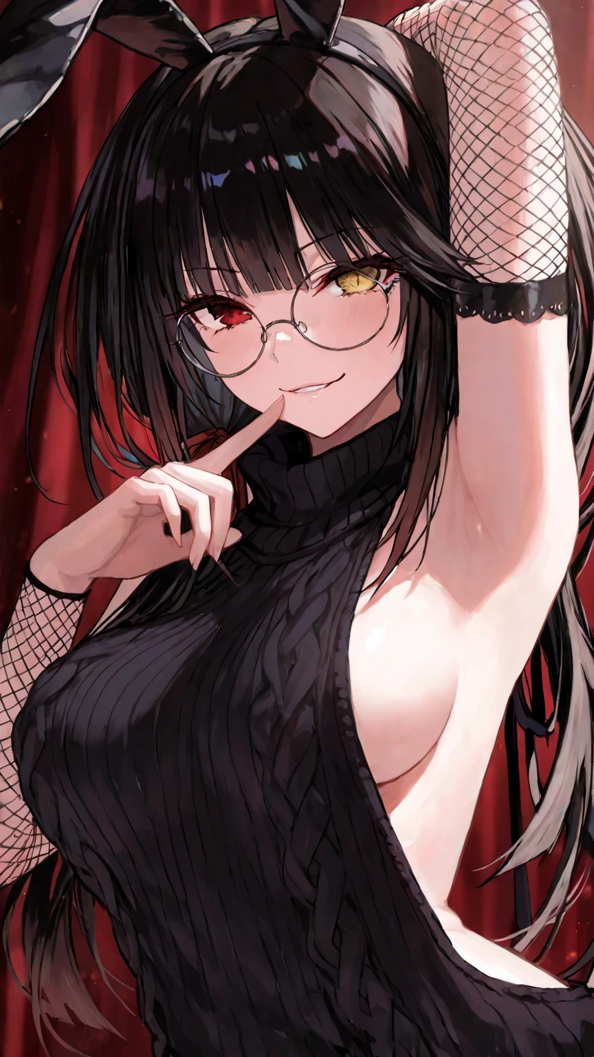 （best quality，masterpiece：1.2，detailed details，4k），((masterpiece)), ((best quality)), (ultra-detailed), anime style,large breast, slim, slender, ashamed, all fours ，Kneeling,Girl with modern gothic makeup, fair skin, long legs, black eyeshadow, camisole, plump figure, earrings and lip studs, fishnet stockings, posing in an attractive pose, lovable expression