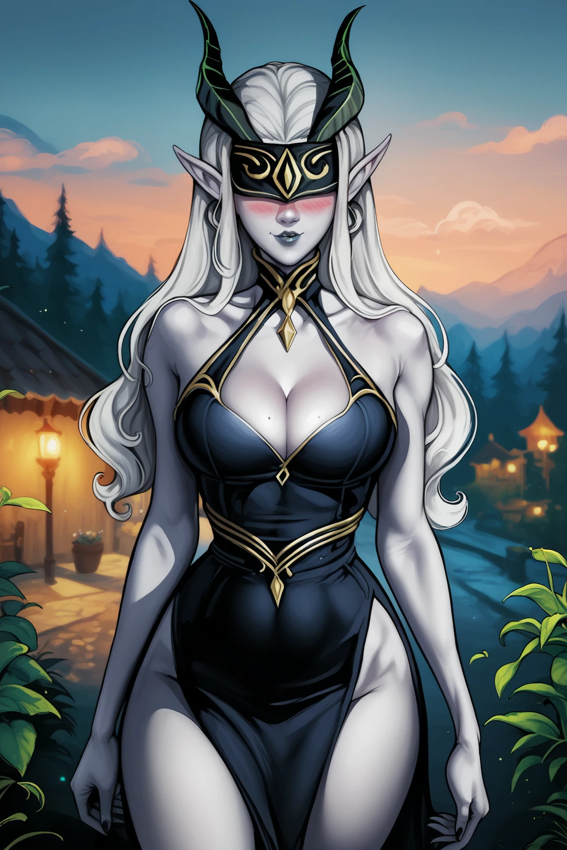 carmilla, medium breasts, black dress. by white, beautiful face, blue eyes, (masterpiece:1.2), Best Quality, absurdities, High resolution, extremely detailed wallpaper, perfect lighting, from below, blue eyes, castillo, view of the castle, outdoors, de evening, evening, at night, ((silver mask)), pussy, NSFW, +18