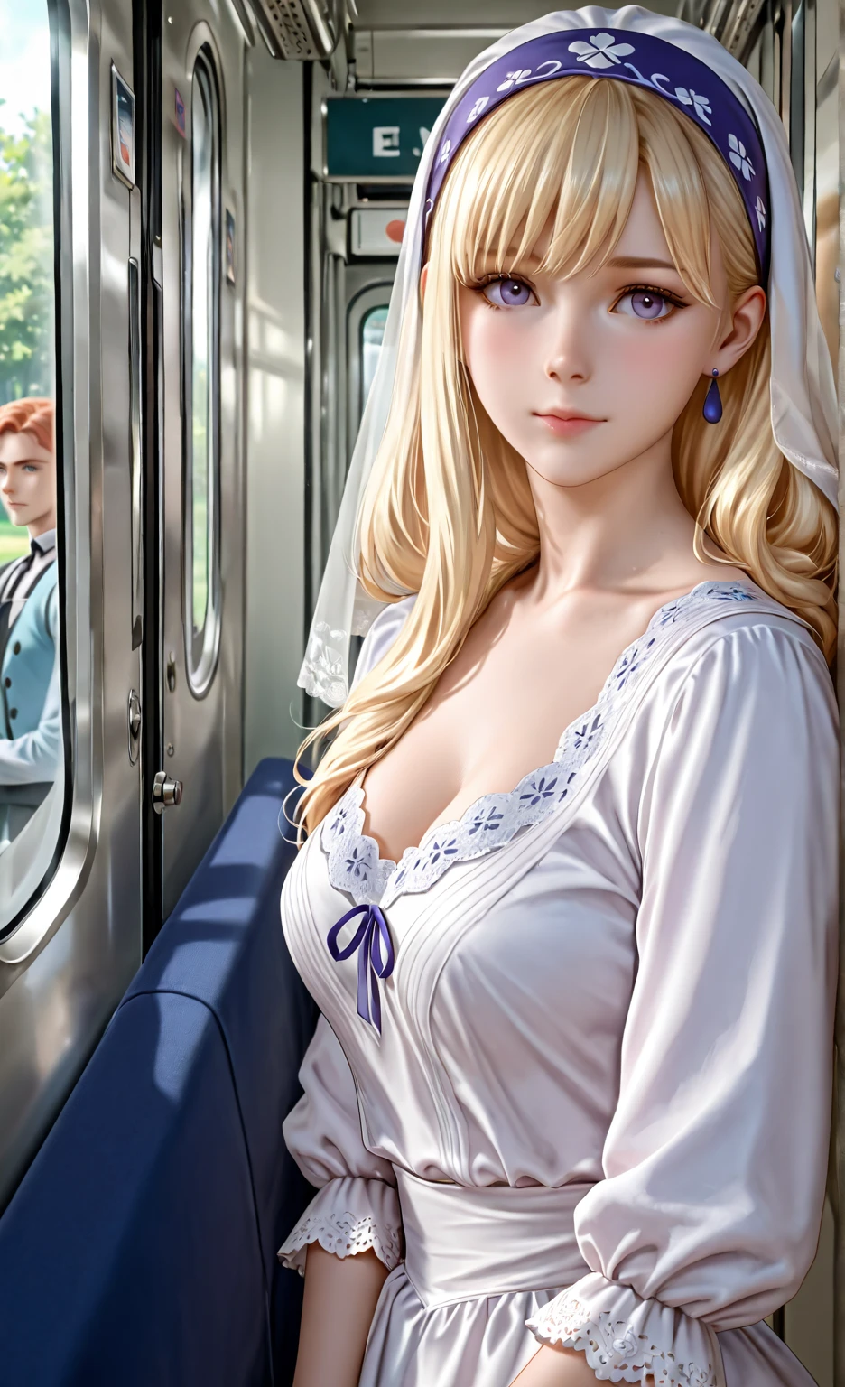 When the train suddenly does an emergency break and you notice the buttons weren't able to resist her power level. photorealistic, in white top teared in half one breast open, pink panties, blonde closeup