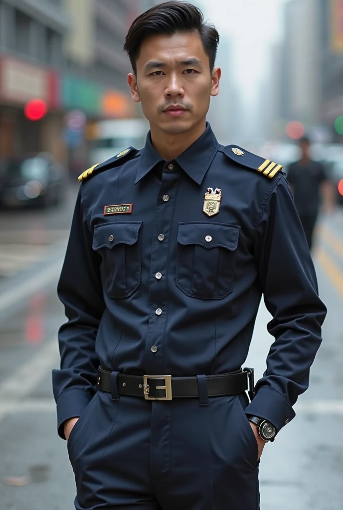 1 handsomemiddle-age  Japanese guy，37 years old，police, Professional Dress,  Handsome and elegant, wearing police uniform,sexy , Masculine and handsome，musculous，Muscles look good，hairy bodies, sexy, Masculine and handsome, muscular, Beautiful muscles, hairy body, Black eyes (1:3 thin eyes), Full body photo, (super detailed, realistic, best quality, 4k, 8k, high resolution, masterpiece: 1.3), a mature man, sexy and elegant, (muscular body), perfectly fitted charcoal pants, sweat, lewd face, firm chest,  accessories include a luxury wristwatch, casual cufflinks and a simple but elegant leather belt, looking at the viewer, muscle veins, lightly tanned skin, 