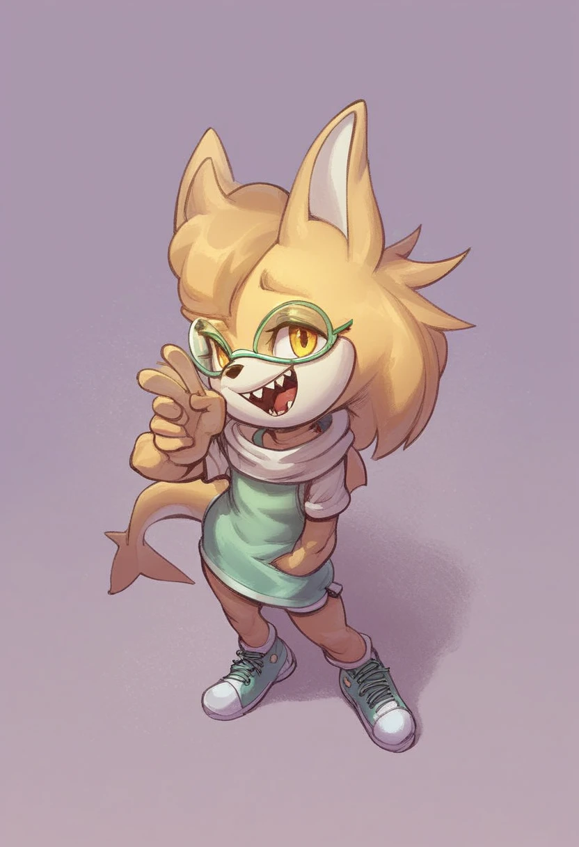 Queen poppy, trolls, strapless crop top, baggy pants, high-top sneakers, , two-tone hair (brown hair, black tip)), curly hair, halo, sunglasses, jewelry, red eyes, longeyelashes, red eyes, smile, shy, blush,