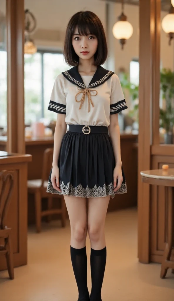 (8k, RAW photo, best quality, masterpiece:1.3),1girl, full body,close-up,realistic, photo-realistic, JK_style,(short-sleeved JK_shirt),JK_style,(dark blue JK_skirt) ,(bow JK_tie),<lora:jk uniform:0.5>,<lora:sd-No.155-000014:0.7>