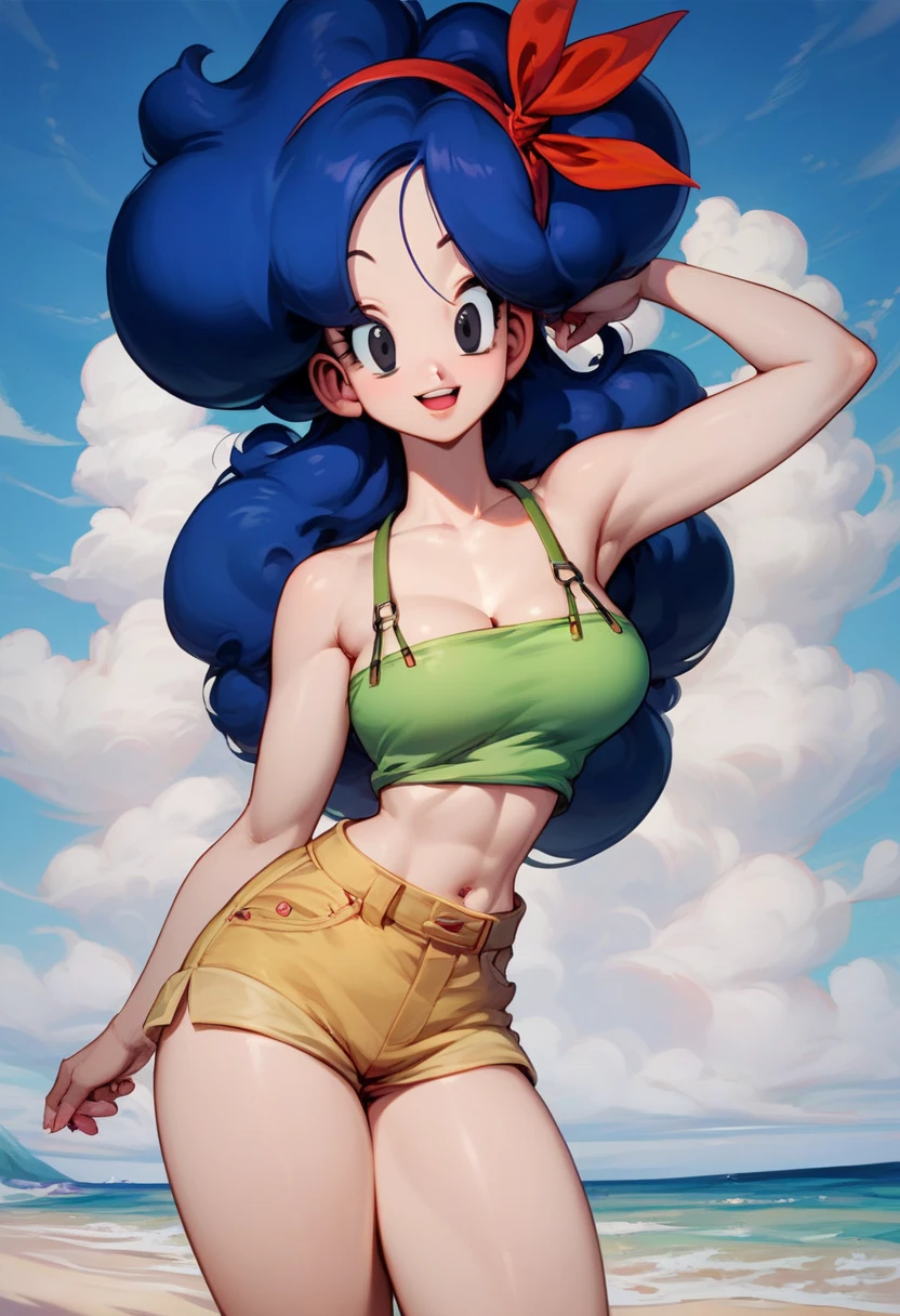 High Definition, 8K, cara detallada, agarrando su pecho, mostrando su pecho, Bulma de dragonball z, ojos azules profundos, (pechos grandes)), delgado y delgado, body of equal proportion in his chest)), Vista frontal, 2 mangos de pelo, Hermosa sonrisa, sonriendo al espectador, mejillas sonrojadas, desnudo desnudo