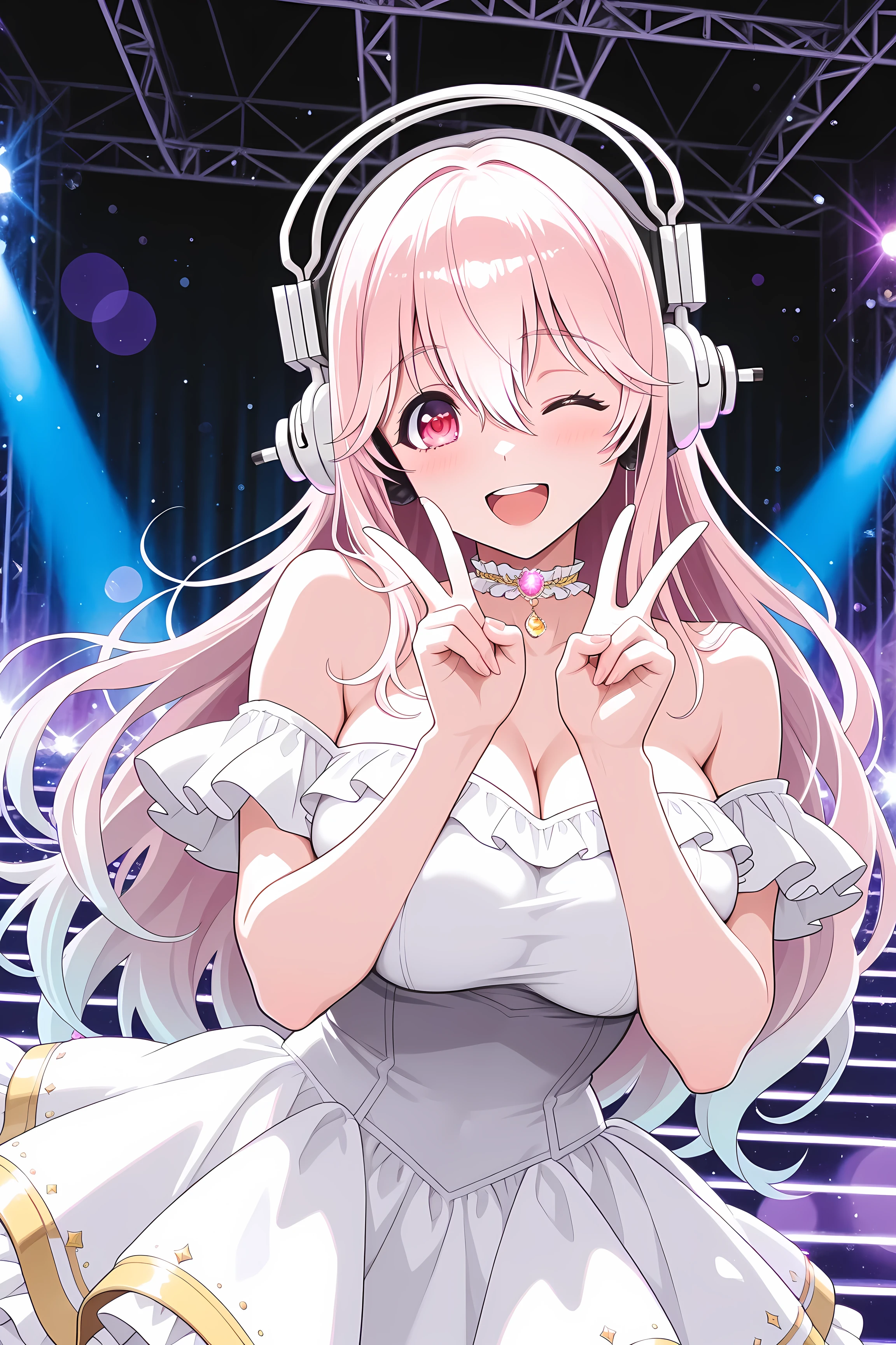, ((1 woman)), big , watercolor, embarrassing, wink with your finger, with one eye closed, Smile, open your mouth, (V sign:1.4), cowboy shot, beautiful girl, (WHITE OFF SHOULDER DRESS ,コルセットドレス, Broken Sleeves , Frilled Costume, idol costume), high quality, 4K, 8K, high resolution, masterpiece, Ultra Detailed, anime style, HDR, UHD, Studio Lighting, Sharp Focus, Physical Based Rendering, Extreme Detailed Expression, Professional, bright colors, Bokeh, Super Sonico , long hair, pink hair, hair between eyes, jewelry, very long hair, gradation hair, pink hair, white hair, choker, Pure , Captivating Body, live house, Stage, luxury decoration with glittering letters, Sense of luxury, fashion portrait, Sensual, Enchanting, Sensual, charming
