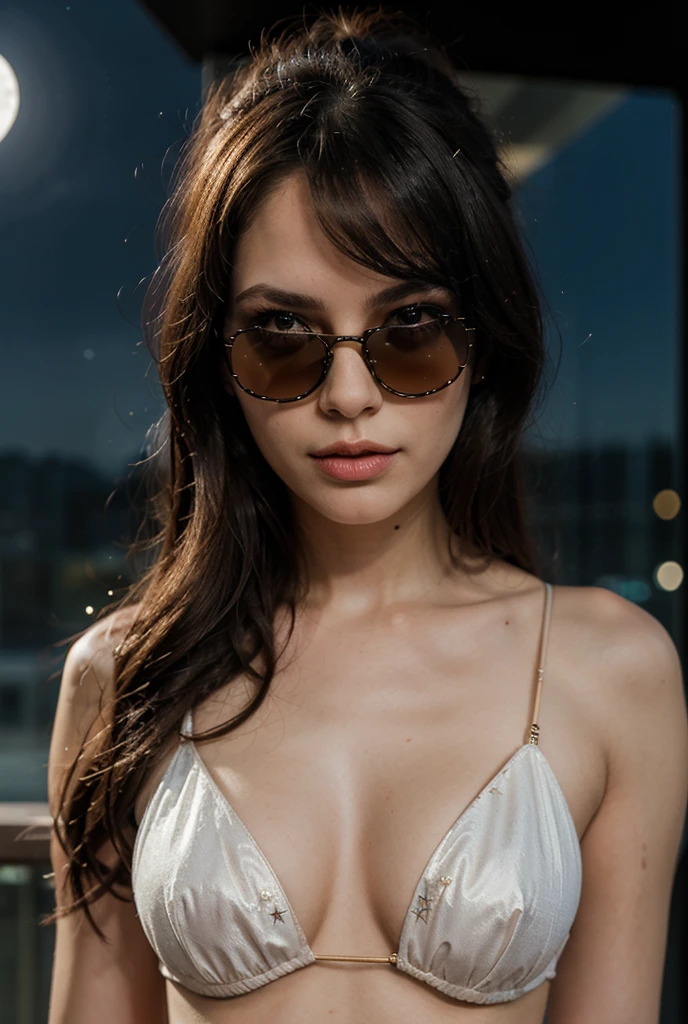 Australian sexy girl, (22 years old), in the bar, night, necklace, sunglasses, arrogant expression, (below view), (face and skin details), (masterpiece, best quality, highly detailed, hyper realistic)