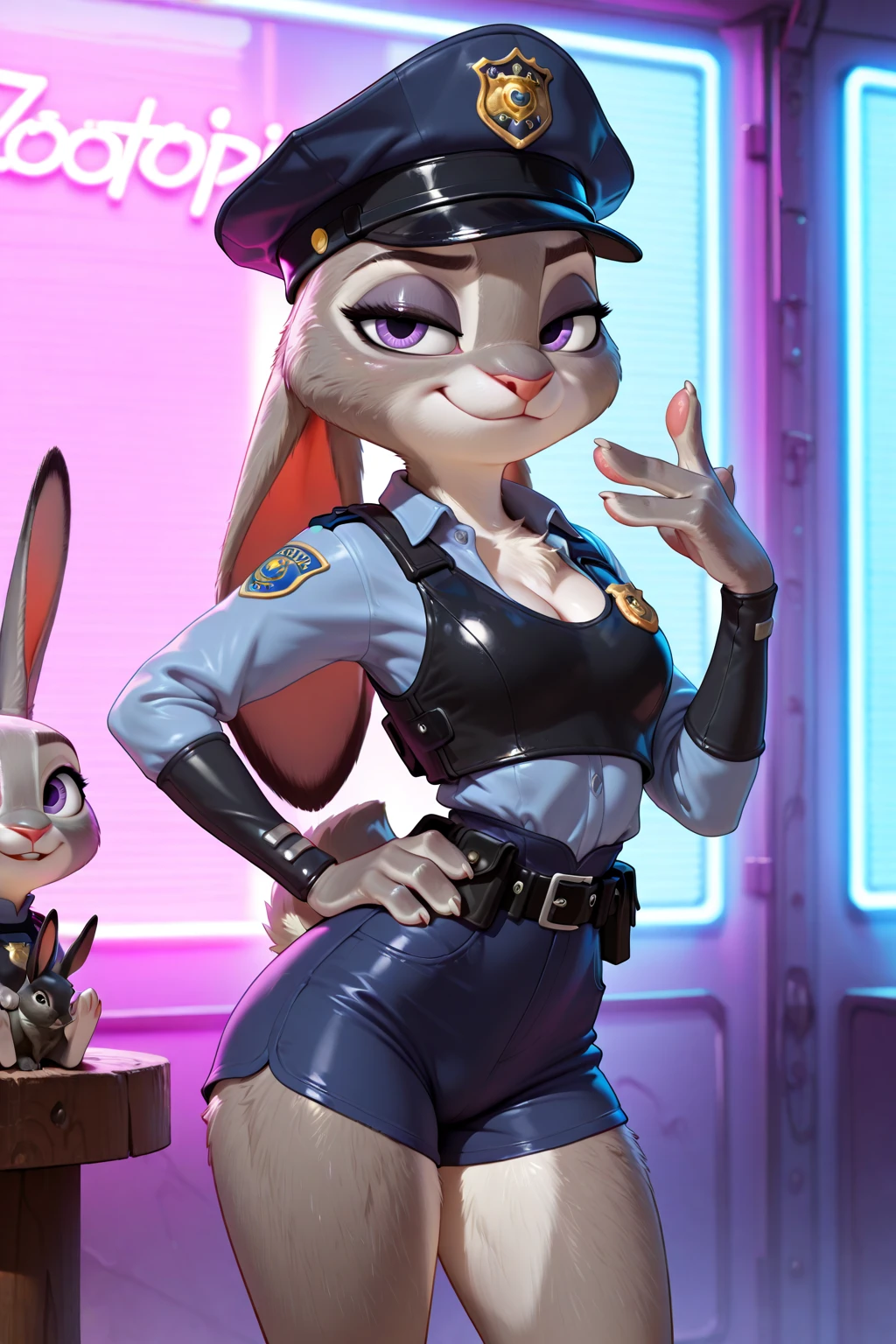 best quality,
masterpiece,
super detail,
3D,
Portrait,
fun atmosphere,
furry woman,
anthropomorphic female,
fine coat,

bloom office, 

(Face is JudyHopps:1.4),
(straight hair:1.3),
(see-through bangs:1.3),
wispy bangs,
bright purple eyes,
(arched eyebrows:1.3),
(uplift eyebrows:1.1),
(rabbit ears:1.1),

Body is NamiFinal, 
Body covered with rabbit fur,
(body is gray with fluffy and fluffy:1.3),
(skin is wool fabric with fluffy and fluffy:1.3),

office lady is wearing suit,
((White blouse)),
((Black blazer jacket)),
((Black pants)),
clothes made of cotton,

(solo:1.5),
(1 lady:1.5),
one character only