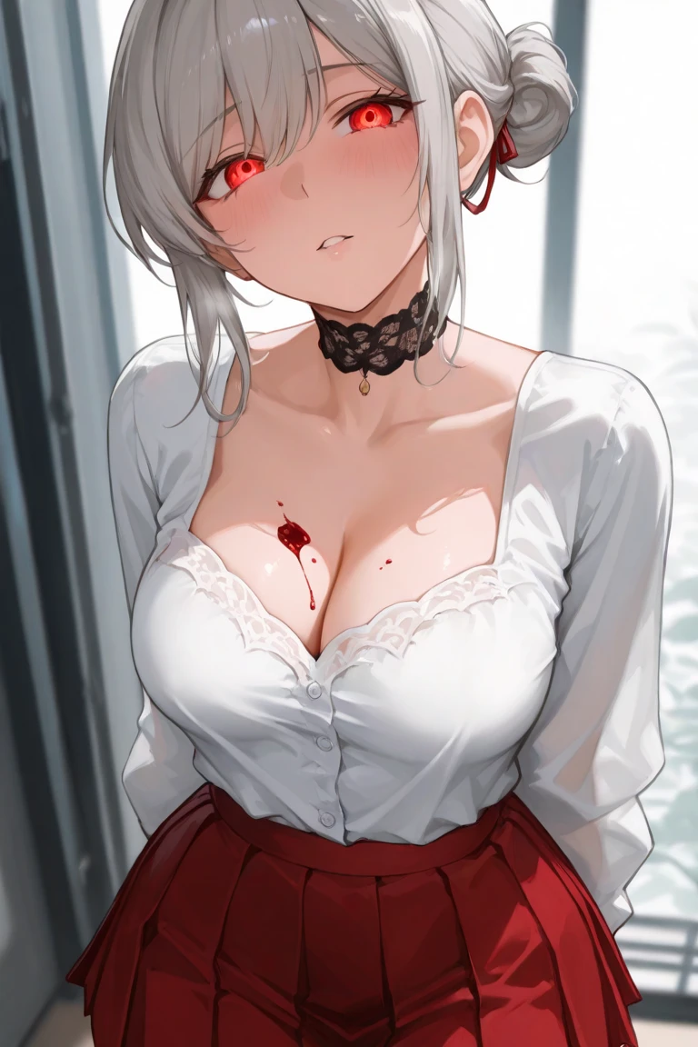 masterpiece, best quality, AliceKV4, 1girl, solo, looking at viewer, smile, anime coloring,((((upper body)))), (blushed, healthy skin), authority, (((bra))), blood on face, breasts, sadistic girl, bare shoulders, sleeveless, (constricted pupils), ((waitress, blood)), ((bdsm)), white hair, detailed eyes, red eyes