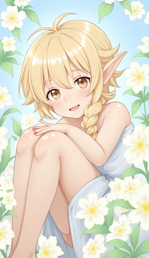nude, loli, outside, flat chest, open mouth, smiling, daylight, short, small, pointy ears, blonde hair, spread legs