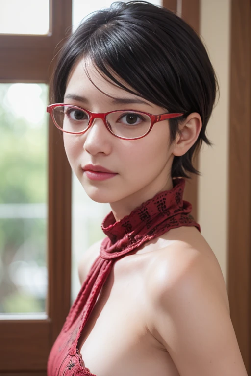 masterpiece, best quality, (realistic, photo-realistic:1.4), (RAW photo:1.2), extremely detailed CG unity 8k wallpaper, delicate and beautiful, amazing, finely detail, official art, absurdres, incredibly absurdres, huge filesize, ultra-detailed, extremely detailed, extremely detailed girl, extremely detailed eyes and face, light on face,little smile,sarada uchiha,(parted bangs:1.2),short hair,black hair,(wearing red tanktop:1.5),garden,(teen girl:1.7),close up,(wearing red framed glasses:1.4),sunflower garden, put your hands behind your head, armpits, armpits visible, sweaty armpits