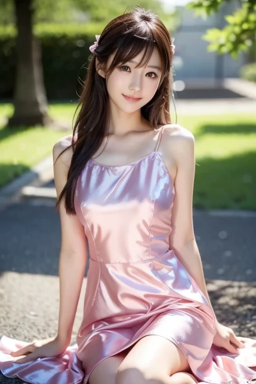8K, masutepiece, Raw photo, Best Quality, Photorealistic, Highly detailed CG Unity 8k wallpaper, depth of fields, Cinematic Light, Lens Flare, Ray tracing, (Extremely beautiful face, Beautiful lips, Beautiful eyes), intricate detail face, ((Ultra detailed skin)) 1girl in, In the Dark, deepshadow, Pretty girl, 1 girl, (Very slim and slender fit muscular body:1.3), ((Looking at Viewer)),(Big smile:1.3), (Midnight, a dark night, (Neon sign), (Blurred background), Dim light), (No people in the background:1.3), Beautiful earrings, Bracelets, Necklace, pantyhose, Clear eyes, Walking , Front shot, (pale skin), (Big eyes), Face forward, (Full body shot), (Brown hairs), open navel, (Looking at Viewer:1.3), Very slim, small breasts, (Camel toe), thick thighs, (fluttering mini dress), ((Pink Silk Dress)), (Tight skirt), Ultra mini skirt, exposed pubic hair, upper Shot