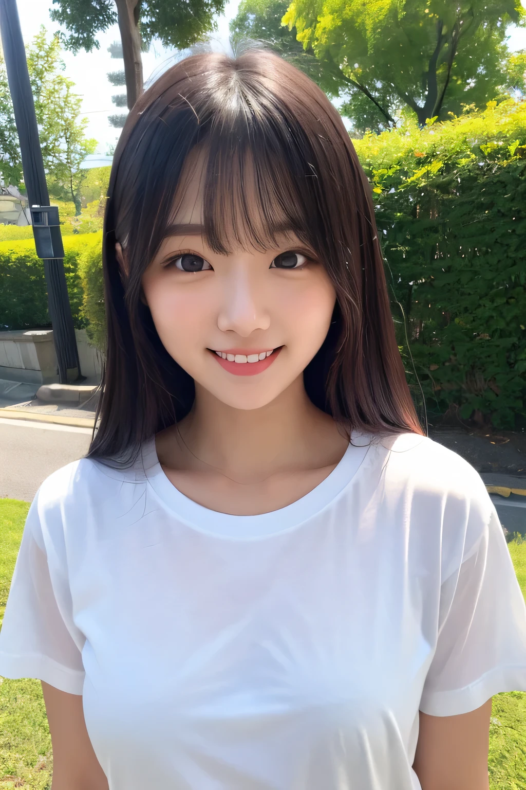 (kawaii 24 year-old Japanese girl, Nogizaka idol, Korean idol), healthy female athlete body, (glossy black hair, pixie cut, messy hair edge, symmetric length hair:1.3), (bangs), (rounded face, brown eyes, single eyelid, no makeup, soft smiling:1.2), (wearing over-sized t-shirt, skinny jeans:1.3), (flat , extra small :0.9), (looking at viewer:1.2), BREAK, (turf in the park background:1.3), (dynamic angle:1.3), BREAK, (masterpiece, best quality, photo realistic, official art:1.4), (UHD, 8K quality wallpaper, high resolution, raw photo, golden ratio:1.2), (shiny skin), professional lighting, physically based rendering, award winning, (perfect , highly detailed skin, extremely detailed face and eyes), Carl Zeiss 85 mm F/1.4, depth of field, 1girl, solo,