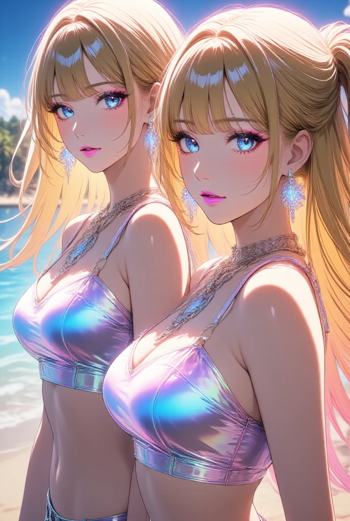 ((realistic,photorealistic:1.37), vivid colors, ((best quality)) ((best quality)), ((masterpiece)), (detailed), 4k image, anime style, beautiful young woman, extreme detail description, professional), charming Goddess-like young girl, feminine beauty, sensual expression, alluring gaze, luscious plump red lips, sleek flowing blonde hair, flawless skin, elegant neck, slim and slender body type, narrow waist, medium sized breasts, delicate features, symmetrical facial features, mesmerizing ocean blue eyes, hip-level shot, fit and toned athletic body, soft lighting, seductive pose, fantasy heaven style background