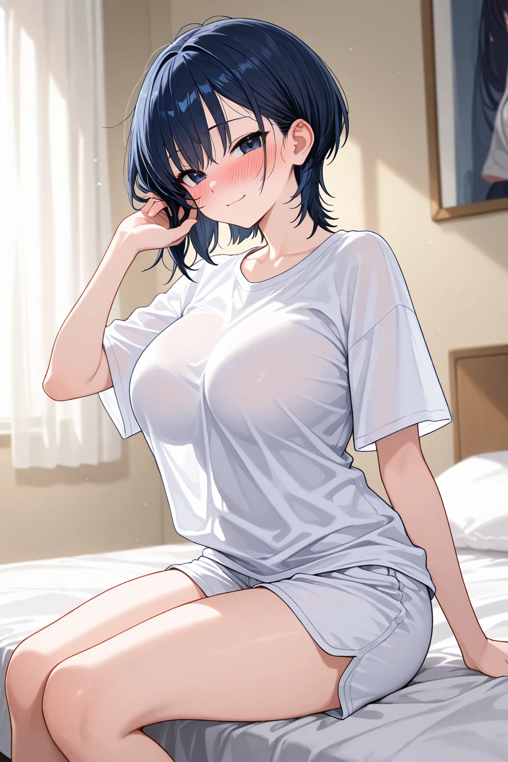 1girl,solo,retina,masterpiece, Awards, high quality, High resolution, HD, 4K,8K,high quality,portrait,white clothes,(Kneaded the breasts flat:1.3),(Straddled:0.5),bedroom,