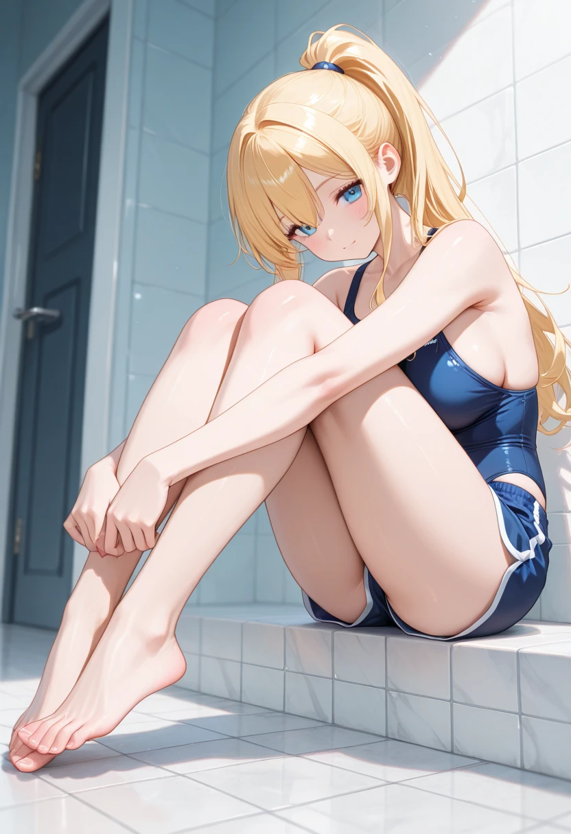 da,bare leg,red slingshot swimsuit,wet,o-ring,small breast,full body,solo,dark blue eyes,one girl,medium hair,blonde ,muscle,small breast,indoor,crying,tears,pissing,a blonde girl being tortured by electric shock on a iron chair,strong light and shadow contrast,pantyhose
