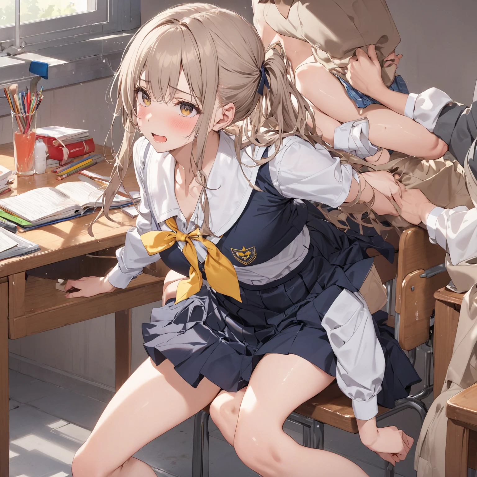 {{{((On the desk in his room (the girl's room), the man approaches the girl, inserts his thick penis into the girl's anus, and inserts his thick penis into the girl's pussy. ) )) ))}}}, (sexual bullying, sex with men, NSFW, semen, love juices, urination, sweating, rape), uniform, light blue children's sweater, (black skirt (miniskirt), hair (super long hair), various (hair color, hair pulled, twisted hair), 1 female, 1 male, small breasts, 5 year old girl), round face, bare feet, child: 1.25), (baby face: 1.2)) , short limbs, very erotic position, crying face, drooling, urination, gaping anus: 1.1 ), Puni, anal juice, girl attacked by multiple men, clothes torn and legs spread, I end up pulling the hair of a girl who grabs a guy. A woman grabs the girl's hair and pulls it hard. Insert a super large penis into the anus,