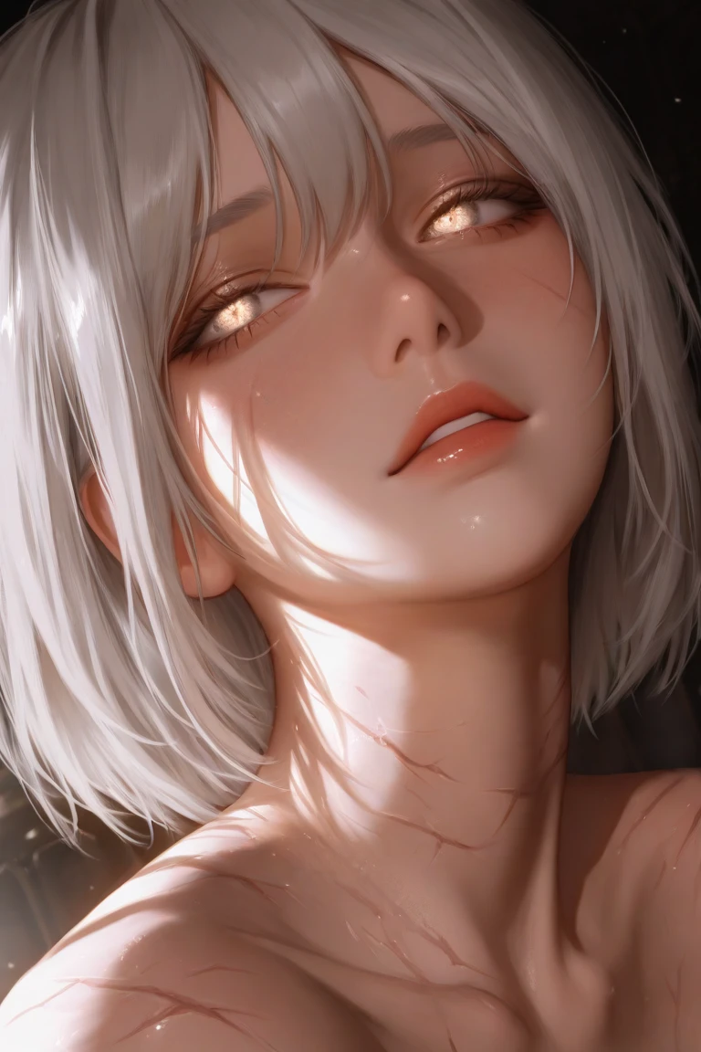 ((Nsfw, Vulgar)), 1 girl, adult woman,  Alone, g0ld3mb, air, (platinum blonde Hair) Hair, hime cut, (kawaii Hair clips:1.2)    high quality, Best Quality, High resolution, high detail, (airen aura magic), Hair uplifted, horns,Beautiful young white-haired woman with piercing red and blue eyes, half smile with full lips, black nails, barbed wires everywhere(coiled black barbed wires),read eyes,Blue eyes, (different eyes), (heterochromia)