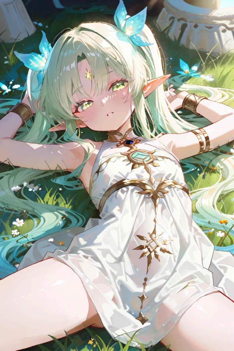 naked, nude, vagina, loli, outside, flat chest, eight years old, open mouth, happy, smiling, sunny, happy, bright sunlight, grass, pointy ears, hair ornament, white hair, green hairstreak, from below, side ponytail, masterpiece, best quality