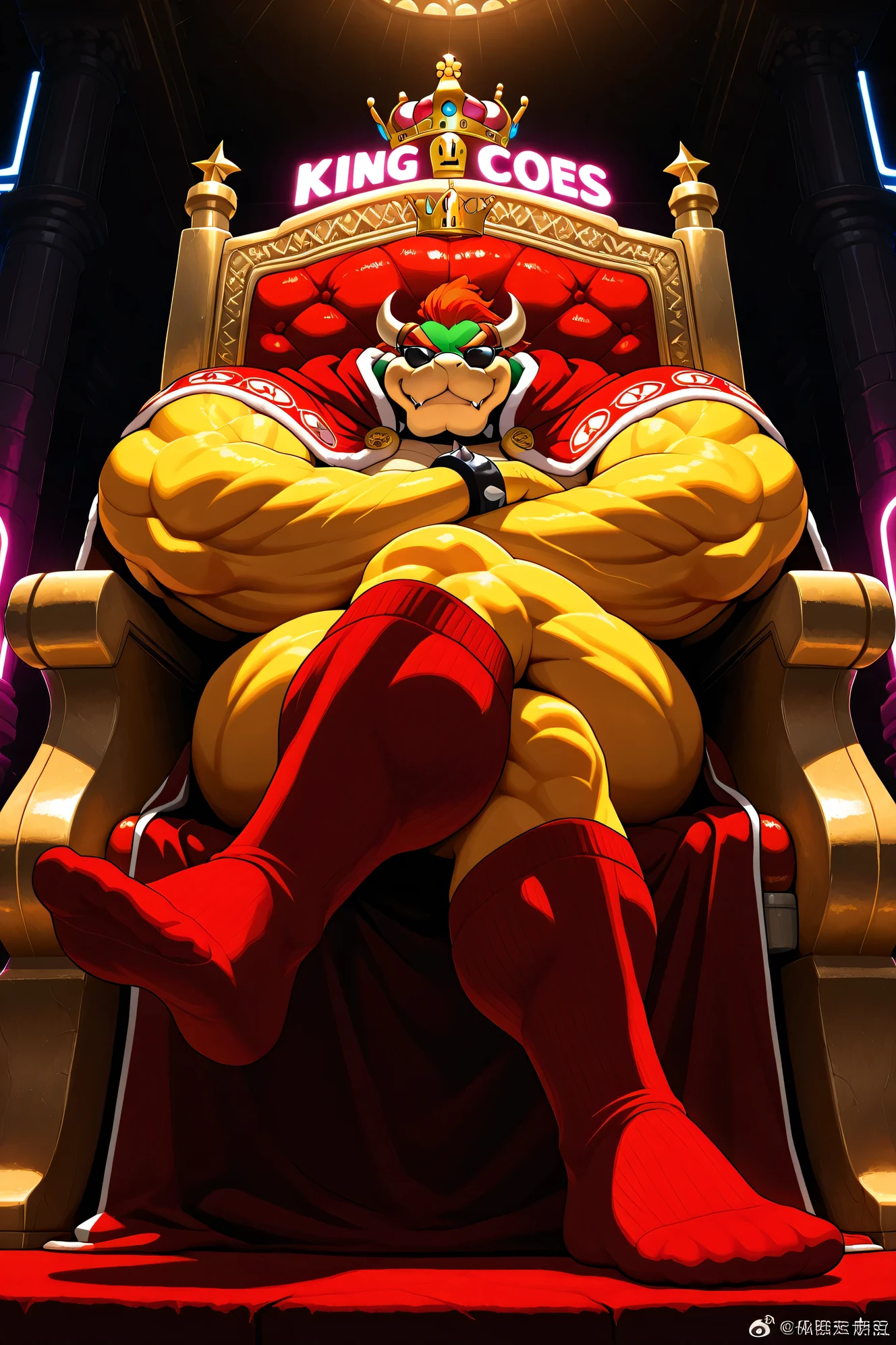 Alone, bowser, big muscles, thick legs, muscular arms, Looking at the spectator, Very detailed, masterpiece, great quality, crossing arms, bara, yellow body, scales, Big pecs, daddy, angry, six pack, Big biceps, neon lights, sunglasses, low angle view, king, crown, king's cloak, throne, solo, sitting, red thigh high socks , socks Focus, socks zoom in, feets Focus, sitting cross-legged, legs crossed, worm's eye view, Big legs