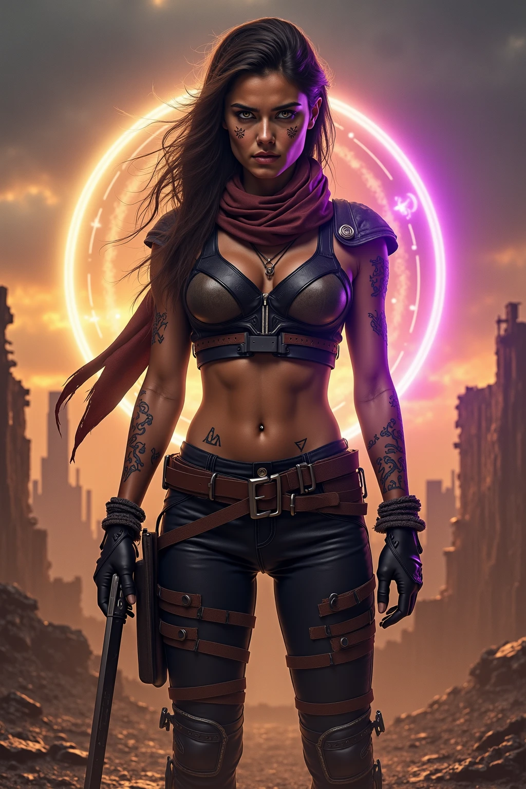 an attractive woman [gunslinger:bounty hunter:0.4] standing in a fantasy wilderness (retrowave style:1) <lora:djzRetroWave_LB2:0.8>