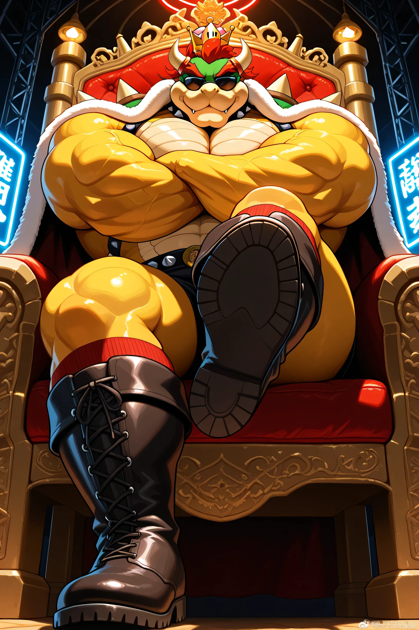 Alone, bowser, big muscles, thick legs, muscular arms, Looking at the spectator, Very detailed, masterpiece, great quality, crossing arms, bara, yellow body, scales, Big pecs, daddy, angry, six pack, Big biceps, neon lights, sunglasses, low angle view, king, crown, king's cloak, throne, solo, sitting, red thigh high socks , boots Focus, socks zoom in, boots Focus, worm's eye view, leather boots, boot sole, Focus boot sole, raising one leg