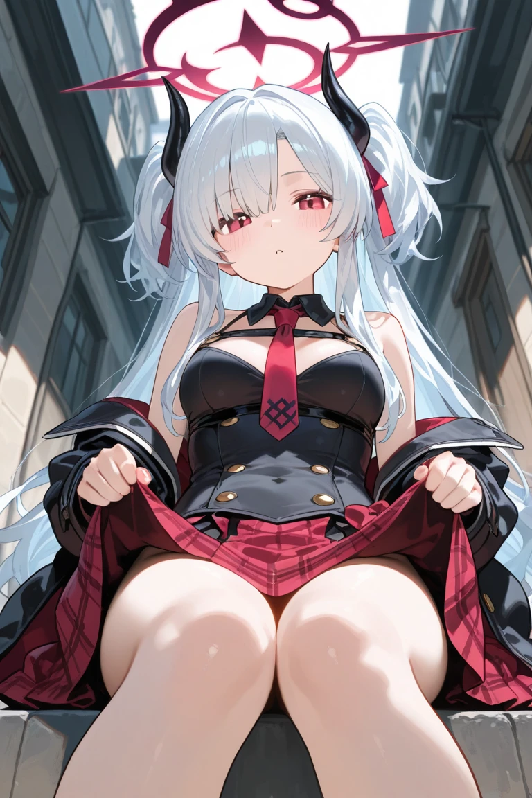 masterpiece, Best Quality,, maruzensky (Uma Musume),, red thighs, Red jacket, pleated skirt, Red skirt, long sleeves, choker, Red shirt, open jacket, white bow, open clothing, high heel boots, paved road, run, eye traces, night sky, neon, from above,, voluptuous girl in sexy clothes without blouse or bra 