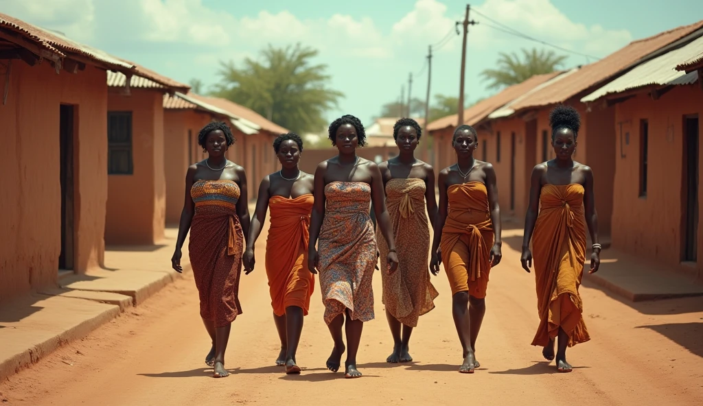 a group of women in traditional african attire, walking in a line on a dirt path, savanna landscape, warm lighting, vibrant colors, detailed textiles, intricate tribal patterns, natural environment, photorealistic, 8k, highly detailed, masterpiece