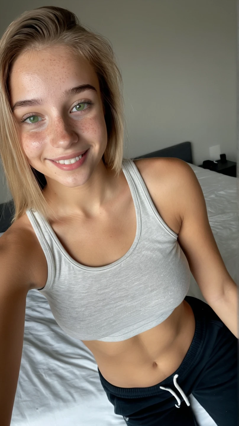 ((best quality, exceptional quality)), ((better skin texture, premium material)), (upper body pov), 12yo, white skin, young face, happy, smiling, slice of life girlfriend simulator, smiling girlfriend as if she is getting horny, dilated pupils, perfect blonde hair, blue eyes, white cotton tank top colorful shirt, pink undersized thong,hard nipples, shirtlift, indoors, (small round breasts), flat stomach, kitchen, coffee, orange juice, breakfast served on the table,
