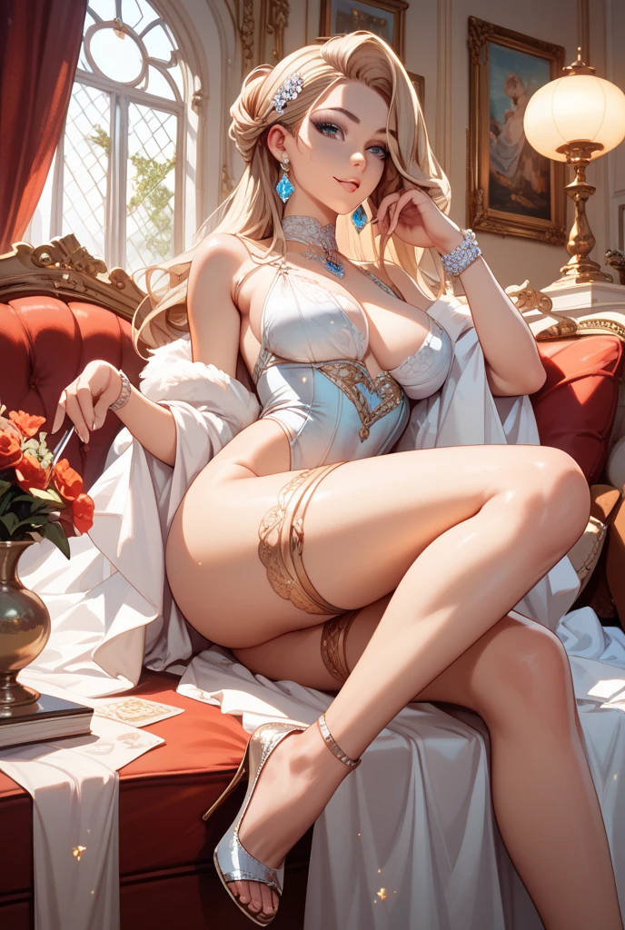 (Masterpiece, top quality, best quality, visual art, alluring female, 1.2), (Stunning Beauty), Big Breasts, Sex Symbol, (Extreme Detail, High Definition), Captivating, Attractive, (In the limelight, center stage), (Confident and Seductive Posture), (Red Lipstick, Painted Eyes), (Glistening Highlights, Perfect Complexion), (Long Blonde Hair, Swept Back), (Low-Cut Dress, Bare Shoulders), (Alluring Smile, Sensual Gaze), (High Heels, Seductive Pose), (Elegant and Sophisticated), (L