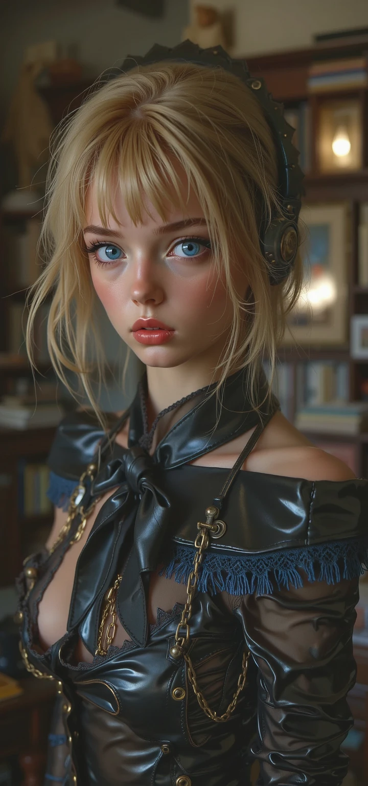 (looking at viewer),(cowboy shot dynamic pose:1.22),
M3GEN/(Robot Girl/), 1girl, solo, long hair, blonde hair, realistic, blurry, grey eyes, bow, photo inset, upper body, bowtie, parted lips, lips,
detailed shiny skin,perfect and very white teeth,
finely detailed beautiful eyes,Ultra-fine facial detail,eyelashes,Glossy pink lips,
(detailed The dark and terrifying alleys background:1.4),outdoors,(day:1.33),
depth of field,intricate,elegant,highly detailed,digital photography,masterpiece, nude body, flat torso, pussy, spread legs