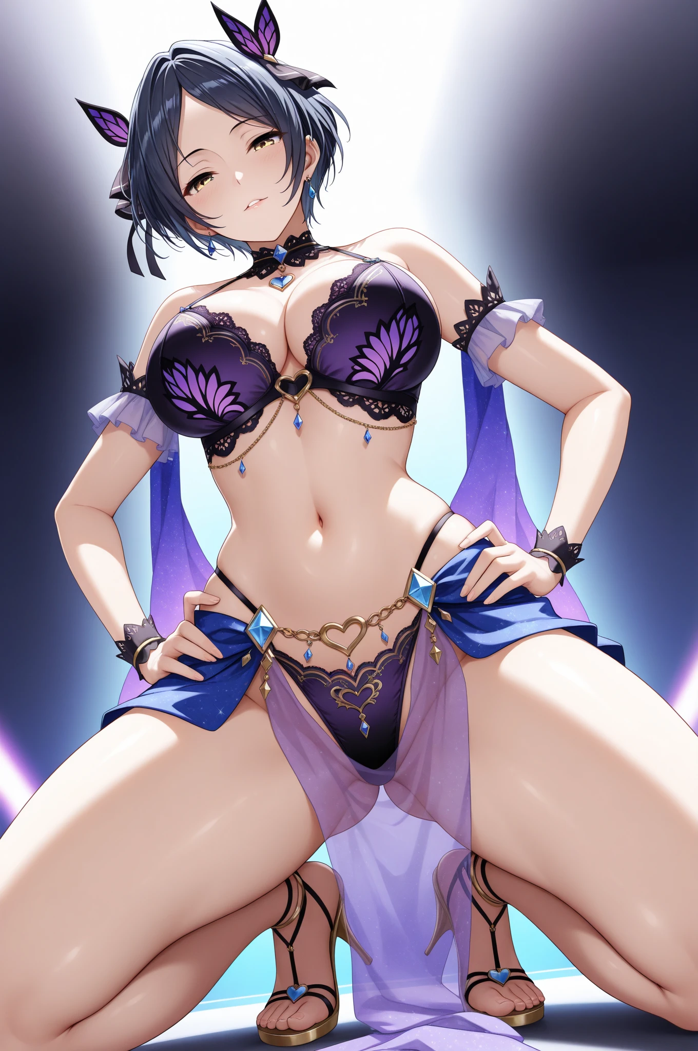 purple hair, rose eyes, short hair, naked, white background, smoll stature, chibi, flat cheast, flat tits, show pussy, naked, unclothed. medium thighs, bandaged legs, small breasts, pink areola, 1 girl, one girl, small stomach, curvy waist, round butt, small belly, clear skin, smoll body, 1 girl, cute girl, smoll tits, curvy waist, good butt, one girl, 1 girl, naked, 1 girl