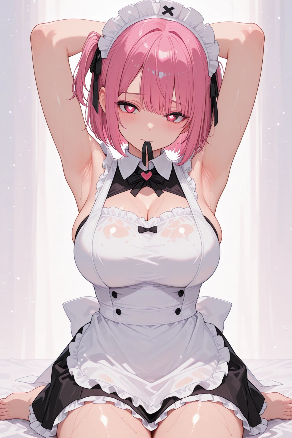 best quality, masterpiece, highres, solo, {maid:1.40}, {long maid dress:1.15}, {yumemi_riamu_idolmastercinderellagirls:1.15}, pink_hair, multicolored_hair, two-tone_hair, bangs, blue_hair, pink_eyes, short_hair, ahoge, hair_intakes, blush, breasts, open_mouth, large_breasts, fang, heart, collarbone, jewelry