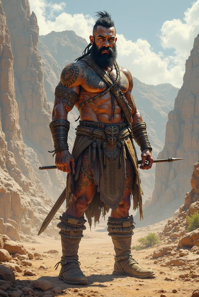a monstrous giant butcher towering over a vast desert landscape, extremely detailed, muscular body, sharp butcher knife, tattered clothing, piercing eyes, gritty and rugged environment, dramatic lighting, cinematic composition, fantasy, dark and gritty, (best quality,8k,highres,masterpiece:1.2),ultra-detailed,(realistic,photorealistic,photo-realistic:1.37),cinematic lighting,dramatic shadows,moody atmosphere,muted color palette