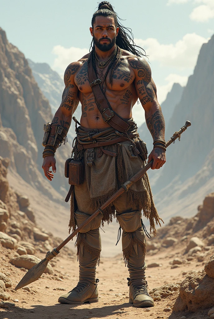 A muscular male barbarian with a gigantic dick. He is in the middle of a desert wasteland holding a massive wooden club