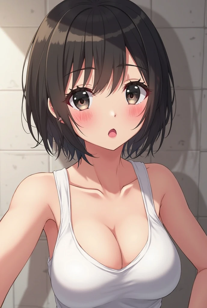 ((masterpiece)), ((best quality)), (detailed), (adult women), slant eyes, fluffy bob cut, blunt bangs, brown hair, large breasts, photograph, beautiful detailed face, detailed eyes, (luxuay hotel shower), (embarrassed,blush:1.3), (nude), (nsfw), ((masturbation)), (vulgarity:1.3), (trembling:1.5), steam, (sweat.1.1), open mouth, drooling, ((squating)), (((upper body))), from front
