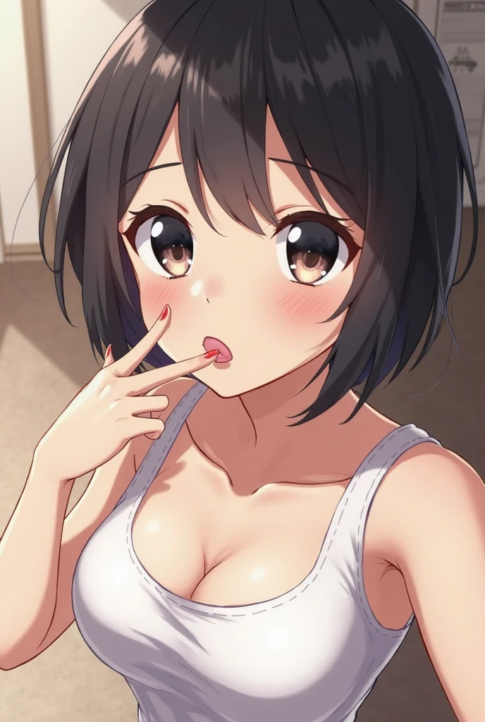 (head shot:1.2), (from above:1.2), frame in, from right in front of face and body, view straight on, upper body, High quality, very high res, High quality, very high res, cute girl, brown hair, forehead, blunt bangs, bob cut, blush, Brushed up bangs, wearing a plain t-shirt, shirt lift, medium breasts, pale pink nipples, I can see your belly button, (kneeling down pose), (a lot of cum on face:1.3), (cum in hair:1.2), pleated skirt, at office