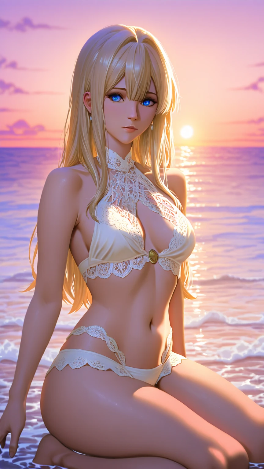 I want to be a powerful figure behind the scenes!,rose oriana,blonde,long hair,Curly Hair,Beautifully arranged bangs,Hide eyebrows with bangs,Beautiful golden eyes,Beautiful white skin,Photorealistic,Ultra HD,high quality,masterpiece,Digital SLR,Detailed details,Intricate details,Anatomical basis,Depicted in detail,A detailed face,Realistic skin texture,Vivid details,Perfect Anatomy,Perfect Anatomy,Anatomically correct hand,Anatomically correct fingers,Super Detail,Complex 3D rendering,Sexy pose,Red swimsuit,Wet,Beautiful sunset,Beach with beautiful sunset,Fantasy worldview,Picturesque,Pink Lips,smile,