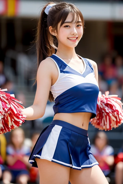 Best Quality, master piece, ultra high resolution, (Photorealsitic:1.4), Raw photo, 1 girl, ((12 years old, Japanese idol, wearing cheerleader costume)), dancing in schoolyard, ((very cute face, beautiful big black eyes)), black hair, innocent smile, dynamic pose, beautiful skins, detailed face, detailed eyes, detailed hair, detailed body, detailed fingers, detailed hip, detailed thighs, detailed skins