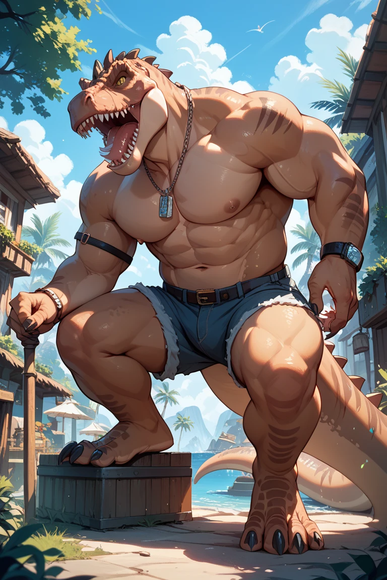 Dragon, Multi-Colored Body, Male, Solo, Horn, Dragon Tail on Front, Middle-aged, Front View, , Bulge, Correct Hands Anatomy, Correct Fingers, Correct Anatomy, Hands on hip, Tail on side, Beach background, Furless, Hairless, Scales, Muscle: 3, Muscular Body, Big Pectorals, Pecs, Tattoo on Pectorals, Dragon Tail, (Photorealistic, Realistic shadows, depth of field, Wide Dynamic Field, Dark Shadows, HDR, Low Light: 1.2, Low Angle Half Body Shot),