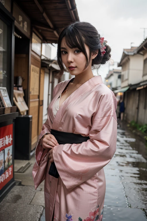 The upper part of the body、女の子1人、Black hair、Bun hair、Gorgeous floral kimono、tobacco、Cigarette smoking、Cigarette smoke、cigarettes、Large breasts、off shoulders、Gorgeous floral bra、Japan anime-style odd-eye,the street、kyoto、Allen、