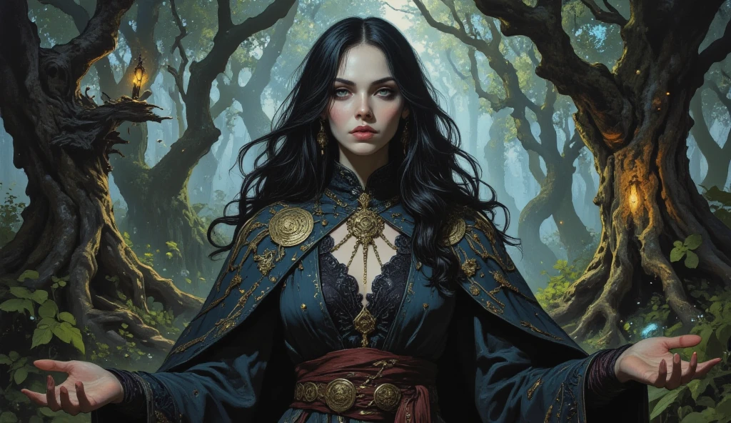 A mean, angry woman with crossed arms blocking a pathway in the woods, background is dark autumn sky, mood is hindering, obstruction, obscuring discord, digital art, hyper realistic, 8k, unreal engine, character design, art by Peter Paul Rubens, Anne Stokes, Blaz Porenta, Zdzislaw Beksinski, Marc Simonetti, Gerald Brom.