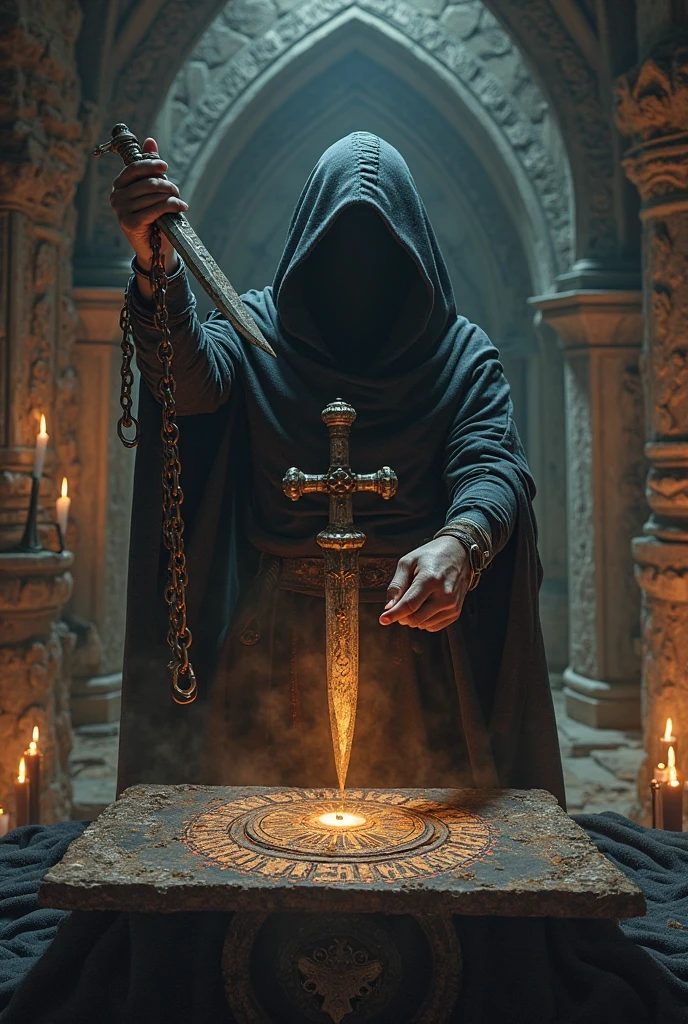 Cult of Lilith, a man in a dark hood holding a sword, several women knee in red hood, candles, pentagram, the moon fire and rune viking simbols