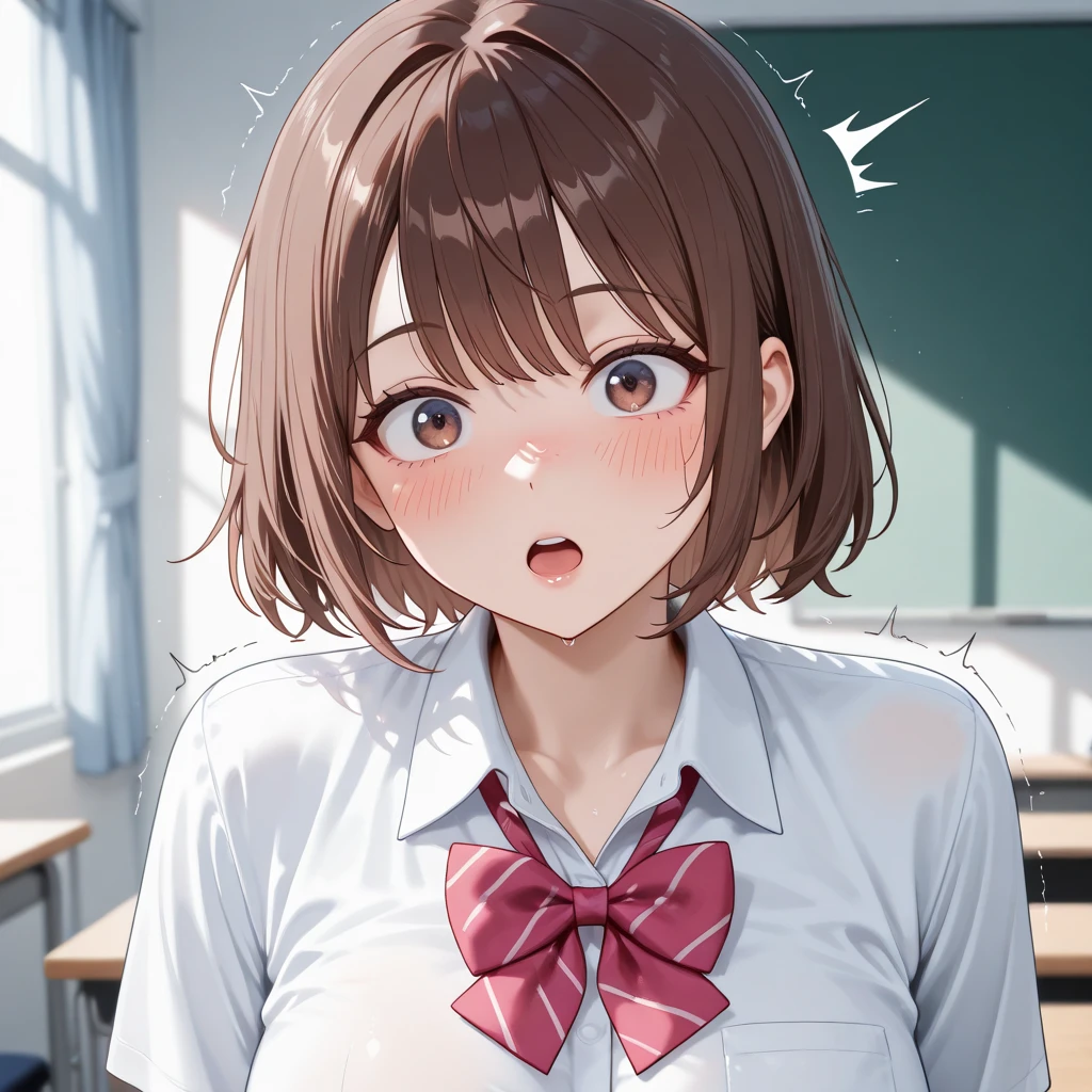 (Beautiful woman、thin), Perfect Anatomy, (OL、White short sleeve shirt、Highest、bow tie, panties)、View your viewers, look up、(Love juice)、(Embrace your chest)、20-year-old、(Highest品質)、Black Hair, short hair、 Messy Hair, (8K, High resolution)、(Embarrassing:1.4)、(blush), Mid-chest, (vapor:1.1), Sulky face,Disgust