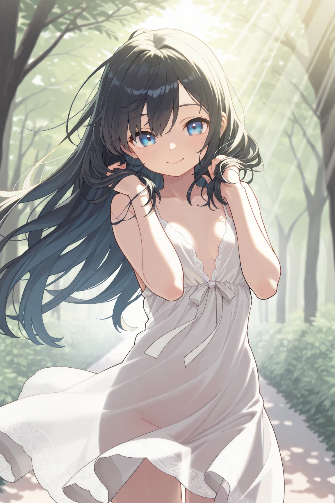 ((Highest quality)), ((masterpiece)), (detailed), (Japanese), 15 years old, (Childish face), (Straight Hair), Girl, ,small Breasts, (naked),topless, (Blue eyes),half-smile ,Sunlight, profile, from_above, (close_up) , arched back, in the forest,riverbank,