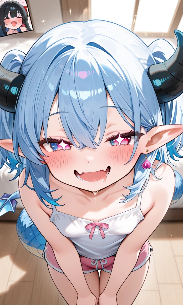 ((masterpiece,best quality)),high resolution,ultra detailed,8k,16k,detailed background,perfect lighting,detailed beautiful eyes, 1girl,solo,embarrassed,blush,steam,sweat,breath,saliva trail, (happy smile:1.2)(screaming,oral:1.4),(from above:1.4),(from front),portrait,seductive eyes,be breathless,chin up,fisheye lens,stick tongue out,kneeling,,light purple hair, eyes,short stature,long hair,horn,flat chest,kawaii,wooden house,dwarf,short stature,child_body,anime style,(shiratsuyu),nude,